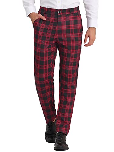Lars Amadeus Pantalones a Cuadros con Parte Delantera Plana, Ligeros, de Corte Regular, a Cuadros, para Hombre Negro Rojo L