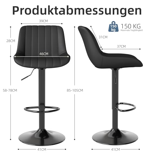 Youhauchair Barhocker 2er Set, Drehbare Barhocker mit Lehne, Höhenverstellbar aus PU-Leder, Moderner Barstuhl Küchenhocker Bar Hocker Bar Stool, Schwarz
