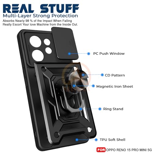 Image of Armor Bumper Back Cover Case for Oppo Reno 15 Pro Mini 5G Rotating Camera Cover, Ring Holder & Kickstand | Heavy Duty & 360 Degree Protection Oppo Reno 15 Pro Mini 5G Back Cover (Black)