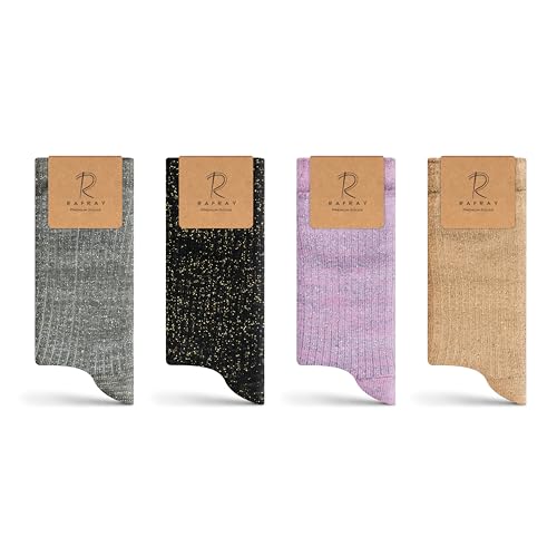 Image of RAFRAY Women's Glitter Socks Crew Length, Premium Shiny Sparkly Socks in Gift Box, 4 Pairs, Size US W: 5-9.5 EU: 36-40