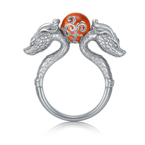 Bague dragon en argent 925 et pierre de soleil, l'amulette mystique