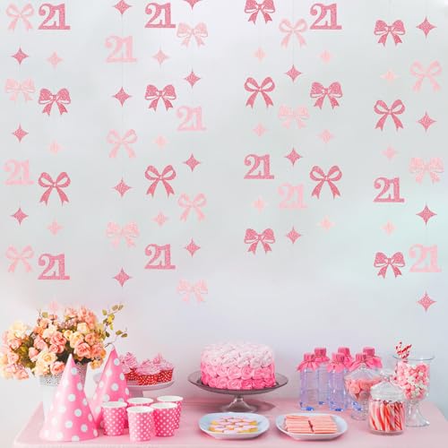 Image of Glitter Pink 21st Bow Birthday Decorations Hot Pink Conquette Bow Garland Streamer Banner Backdrop for Girls Happy 21st Birthday Finally Legal Cheers to 21 Years Old Anniversary Party Supplies