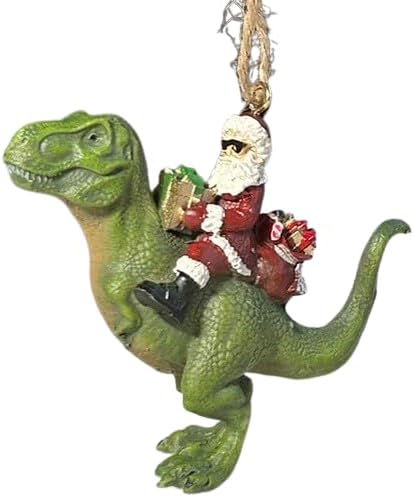 Bella Haus Christmas Shoppe Santa Dinosaur Christmas Tree Ornament | 4” Funny Holiday Decor Featuring Santa Claus on T-Rex | Unique Prehistoric Christmas Ornament