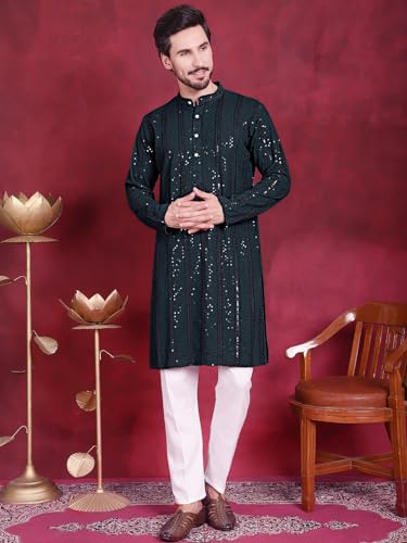 Image of Jompers Men's Regular Fit Rayon Sequins Chikankari Embroidered Kurtas