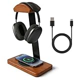 Solid Wooden Headphone Holder, Universal Headset Stand with Wireless Charger 15W Max Fast for Desk, Wireless Charger Headphone Holder for Gaming Desk Compatible with iPhone Samsung (Black)