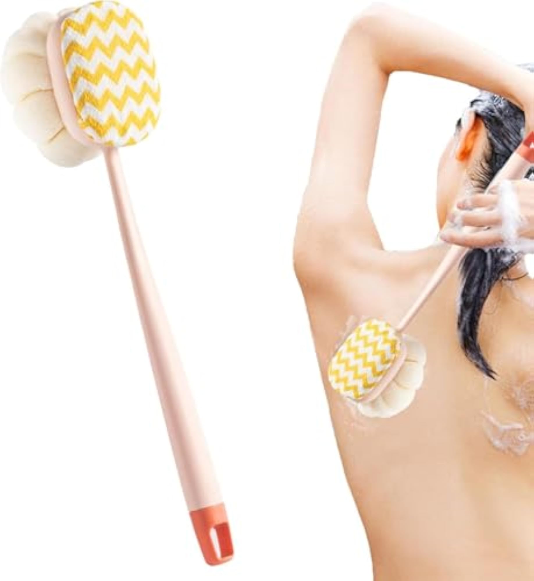 2 IN 1 Loofah Bath Brush, Back Scrubber with Curved Handle