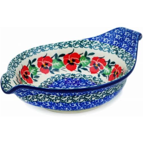 Authentic Polish Pottery Condiment Dish in Red Pansy Design Handmade in Boles?awiec Poland by Ceramika Artystyczna + Certificate of Authenticity