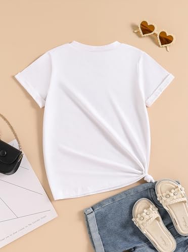 Image of Girls Shirts Short Sleeve Graphic Tees Crew Neck Casual Summer Tops White 9-10Y