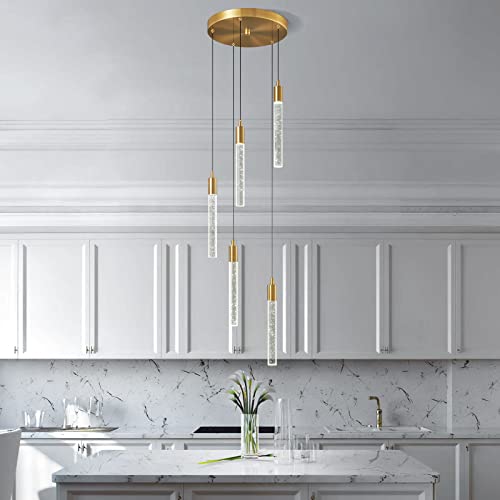 Image of Modern Light Fixture Kitchen Island Pendant Light Dimmable LED Gold Pendant Lights Mini Crystal Pendant Lighting for Bedroom Dining Room Living Room（5-Light ）