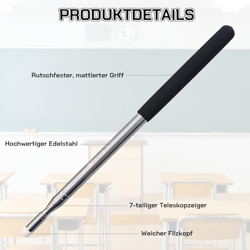 Scettar Zeigestab Ausziehbar 120cm, Teleskop Zeigestab, Edelstahl Lehrer Zeigestock, für Lehrer Whiteboard Tafel Zeiger, für Präsentationen Formate Seminare