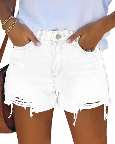 MIFOCAL Denim Shorts for Women White Ripped Mid Rise Stretchy Casual Summer Jean Shorts