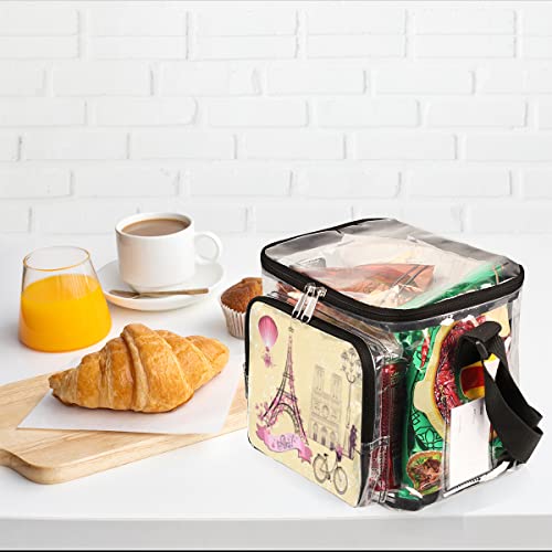 Bisibuy Paris Eiffel Tower Pink Painting Clear Lunch Bag Stadium Approved Pvc Plastic See Through Lunch Box With Adjustable Strap For Sports Events Concerts Office #TOP6