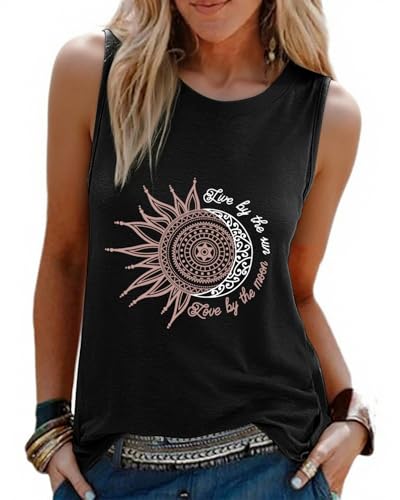 heekpek Women's Vests Top Sleeveless T Shirts CEW Neck Casual Printed Tank Tops Loose Basic Summer Tops, Black Sun Moon, L