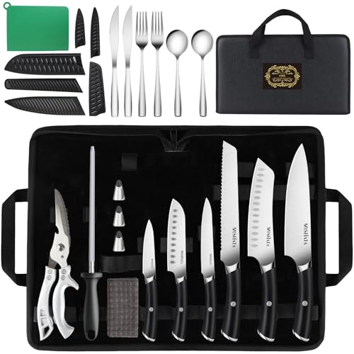 MOSFiATA Chef Knife Set with Bag, 19PCS Portable Sharp Kitchen Knife Sets, Stainless Steel Professional Japanese Knives Set with ABS Handle Scissors Sharpener Sheaths for Outdoor Travel Camping BBQ
