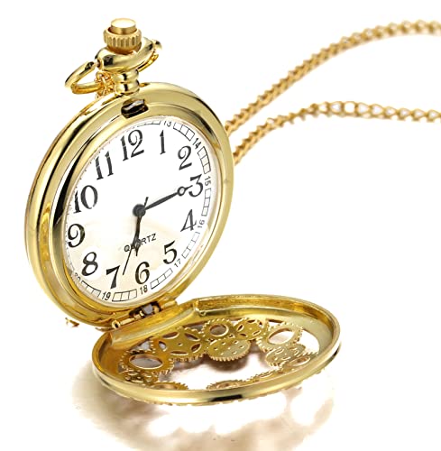 Image of Halukakah Men's Pocket Watch with Chain Quartz Vintage Gearwheel Pattern Roman Numerals Scale,with 2 Chains Set Pocket Chain+Necklace,Free Giftbox
