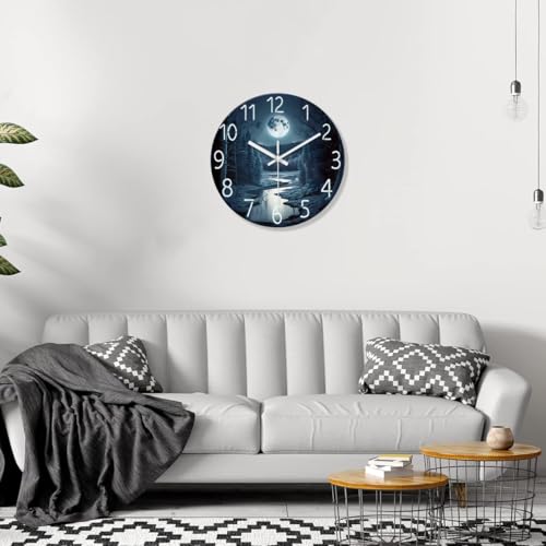 Image of XFM Silent Moon Wall Clock Battery Operated 14 Inch | Non-Ticking Dark Blue Modern Analog Decorative for Kitchen Bedroom Living Room Office