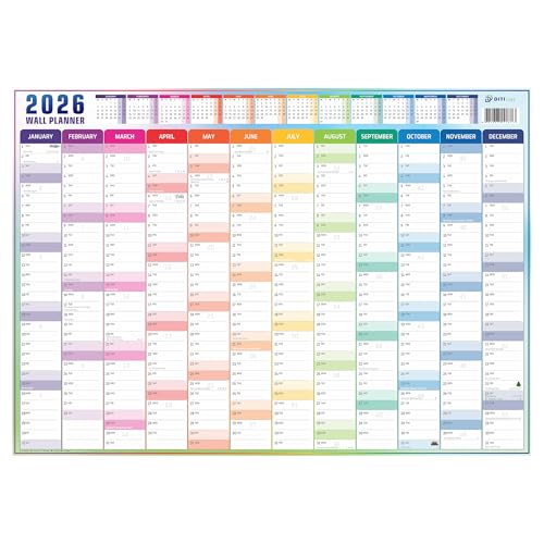 Wall Planner 2026 A2 (59 x 42 cm) Full Year JanDec | Rainbow Design | UK & Ireland Bank Holidays | 170 GSM Silky Paper | Home Office School University | British Made | Folded