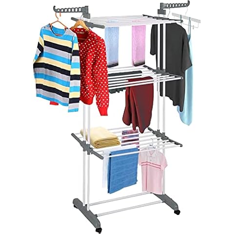 Discount Seller Clothes Drying Rack, Large 4-tier Collapsible Clothes Airer Indoor and Outdoor Retractable Garment Laundry Rack With Foldable Wings and Lockable Casters (Grey) Cover