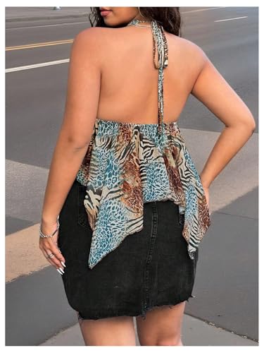 SOLY HUX Women's Plus Size Halter Tops Y2k Leopard Animal Print Deep V Neck Peplum Ruffle Asymmetrical Summer Top2