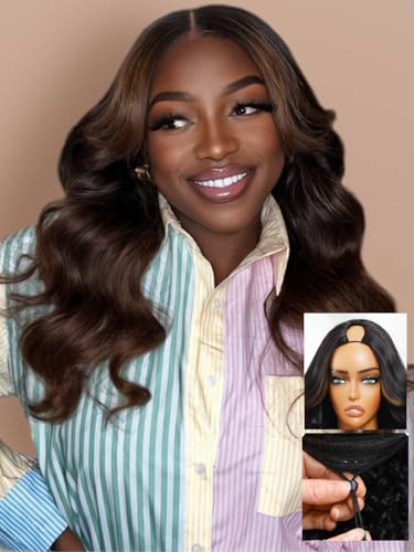 Image of Beauty Forever V Part Wigs Human Hair Loose Wave Black to Chestnut Brown Face Framing Small Leave Out Vpart Drawstring Wig No Glue No Sew In Upgrade U Part Wigs Beginner Friendly 150% Density 20inch