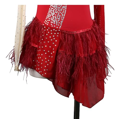 Vestido profissional de patinação artística vermelho manga longa com strass feminino meninas skate c