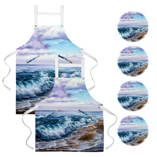 Lot de 2 tabliers de cuisine avec 4 broches motif vagues de la mer pour restaurant