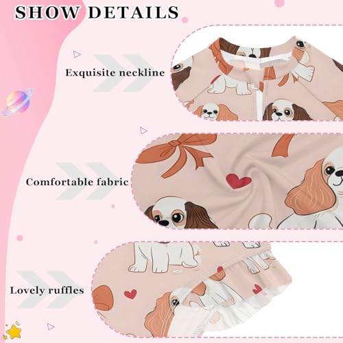 Pink Bows Dog Girls Long Sleeve Swimsuit Rash Guard One Piece Bathing Suits Zipper 3-12T4