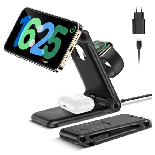 3 en 1 Plegable mag-Safe Cargador Inalámbrico para iPhone, Magnética Estación de Carga Rápida para iPhone 15 14 13 12 11 Pro MAX/Plus/XR XS X, Viaje Wireless Charger para Apple Watch AirPods Serie