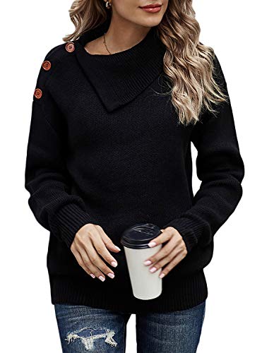 Necooer Women's Sweaters Casual Long Sleeve Pullover Knit Sweater Tops with Button Decoration (Large, Black)