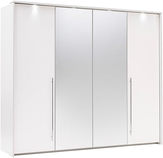 ഫ്രണ്ട് view of the white Ingina wardrobe with integrated LEDs illuminated.