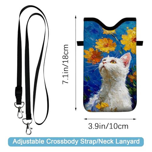 Image of Neoprene Cell Phone Sleeve Pouch Case Bag with Crossbody Strap Neck Lanyard for Women 7.1 X 3.9 in White Cat