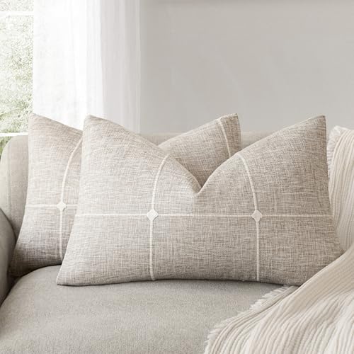 Image of Foindtower Pack of 2 Decorative Faux Linen Jacquard Check Throw Pillow Covers Farmhouse Lumbar Cushion Cover with Grid Textured Accent Pillowcase for Couch Sofa Living Room Home Decor,12x20 Inch,Beige