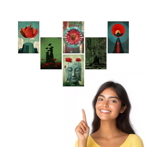 Image of SiddArtify Red - Green Lotus Flower Art Print Set - Set of 2-4x6 Inch - Board (Pack of 6) - Sticker (Pack of 6) Wall Room Decoration art Poster Prints