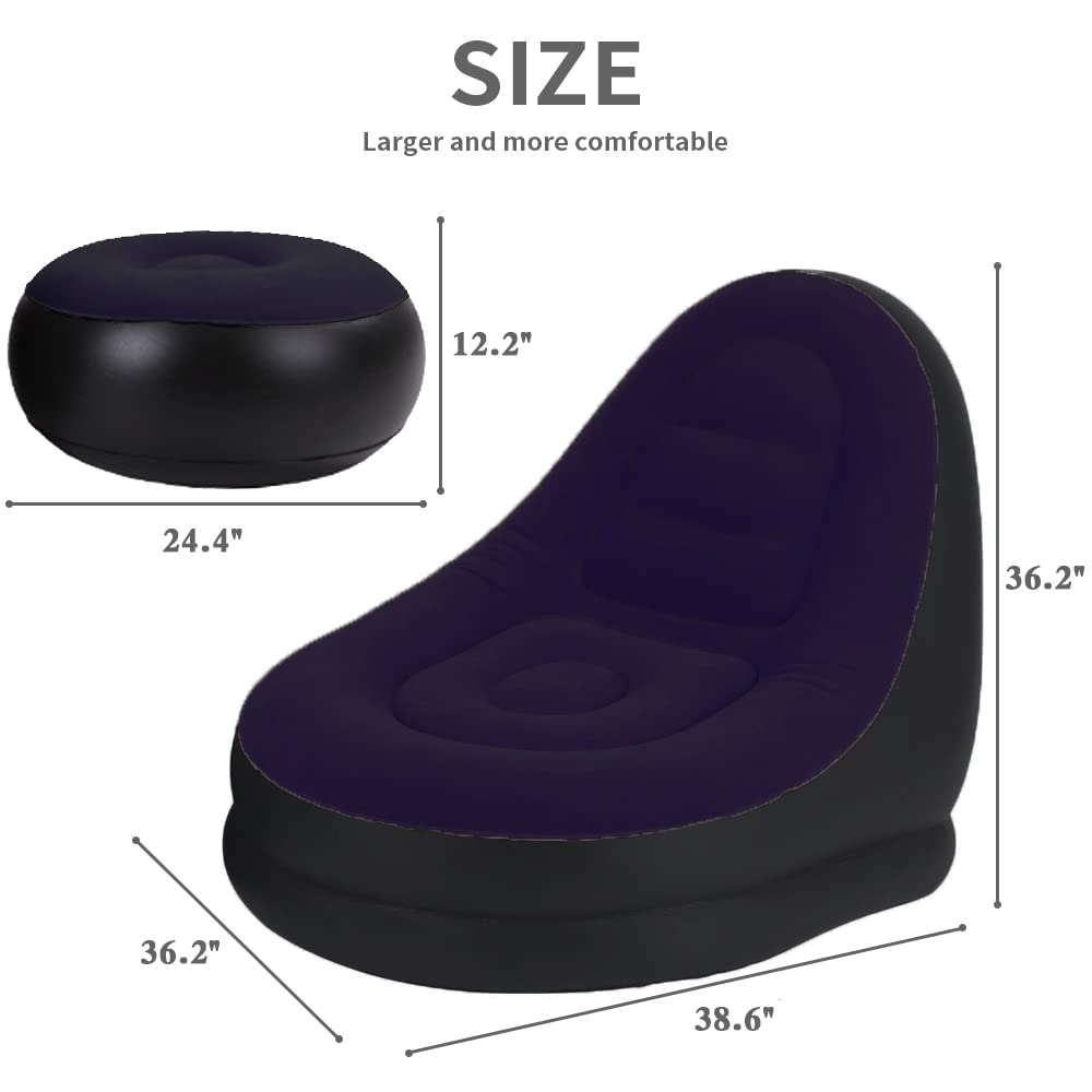 STARBRILLIANT Inflatable Living Room Furniture Chair with Stool for Resting Feet, Indoor Foldable Deck Chaise Lounges with Air Pump, Travel Camping Picnic Beach Chair(Blue)