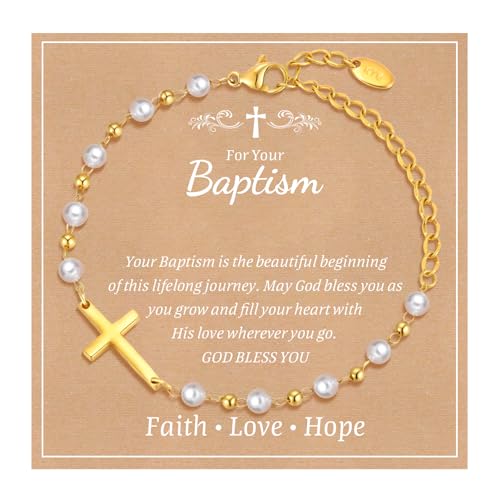 Baby Baptism Cross Bracelet Gift : 18k Gold Plated/Silver Delicate Pearl Cross Bracelets Kids Daughter Granddaughter Birthday First Communion Confirmation Gifts Christian Jewelry for Boys Girls