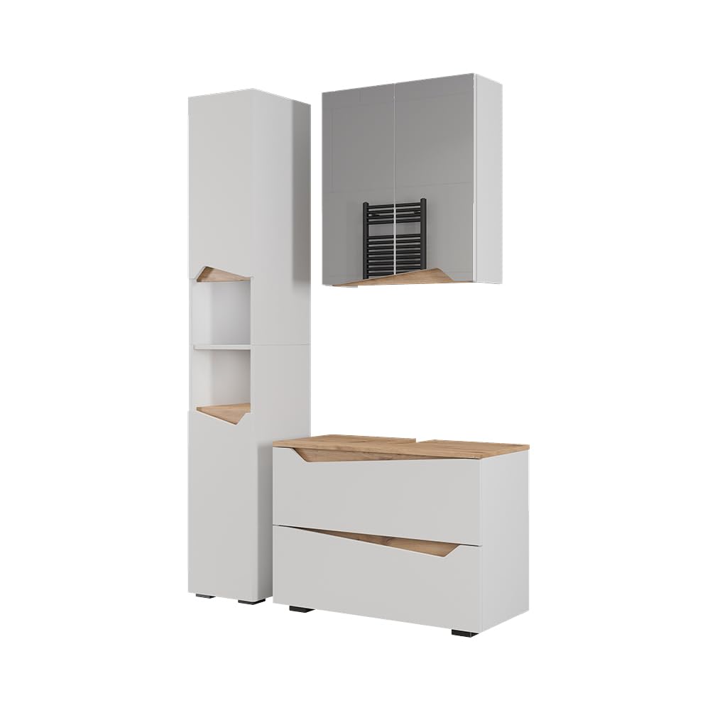 Vicco Badmöbel-Set Marelle, Weiß, 80 cm, besteht aus Waschbeckenunterschrank, Spiegelschrank und Hochschrank