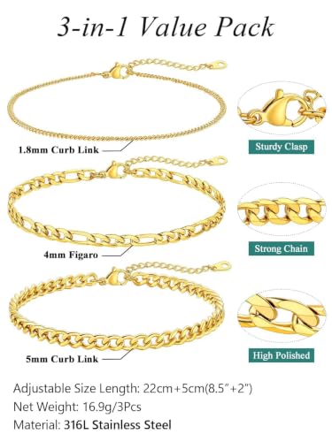 Image of FaithHeart Waterproof Ankle Bracelets for Women, 1 /2 /3Pcs Non Tarnish Stainless Steel Layered Anklet Set Paperclip Figaro Cuban Link Chain Dainty Summer Beach Jewelry Gift Adjustable Size