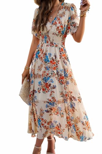 Women's Floral Maxi Dress Flowy V Neck Empire Waist Summer Wedding Guest Party Casual Chiffon Dress