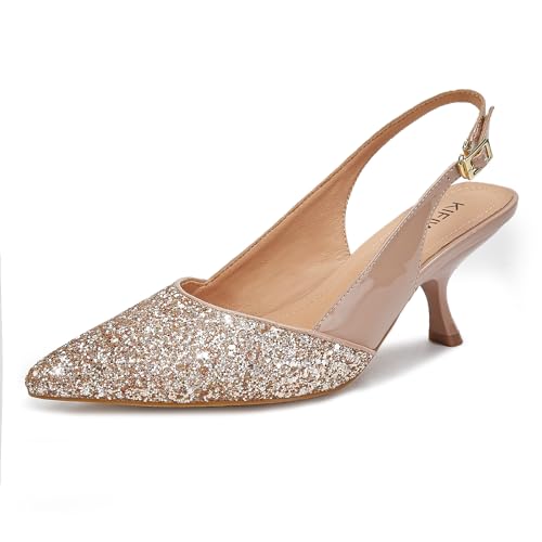 Slingback Kitten Heels for Women Closed Pointed Toe Low Heel Pumps Glitter Sparkly Rhinestone Heels Nude 11