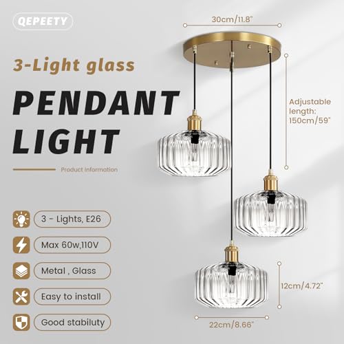 Image of 3-Light Glass Pendant Light Kitchen Island Mid Century Modern Pendant Gold Chandelier Clear Adjustable Hanging Pendant Lighting for Dining Room Light Fixtures Over Table, Living Room