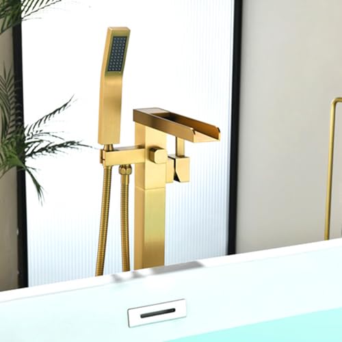 Robinet baignoire sur pied cascade laiton brossé doré avec fixation sol stable - 5