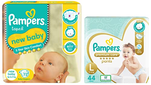 Image of Pampers Active Baby Diapers, New Born, Extra Small, (NB, XS) size, 72 Count, Taped style diaper & Premium Care Pants, Large size baby diapers (LG), 44 Count, Softest ever pants