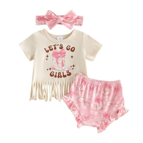 Lucikamy Western Baby Girl Clothes Summer Short Sleeve Letter Tassel T Shirt Romper Bloomer Shorts Set Infant Country Outfit (Boots-Beige B 0-3 Months)