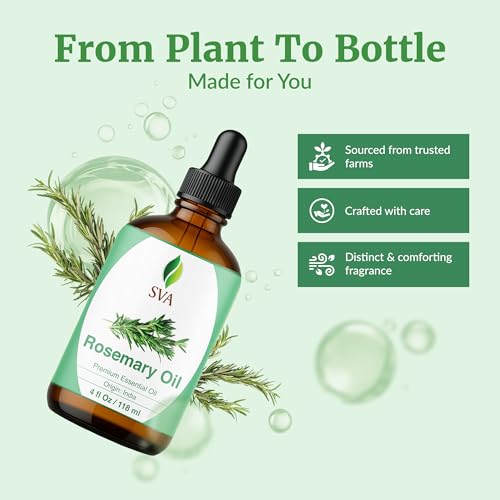 Image of SVA Rosemary Essential Oil - 4 Fl Oz - for Diffuser, Skin & Hair Care - Ideal for Aroma, Massage & DIY Blends- with Dropper