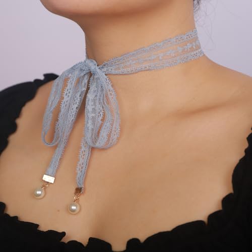 Long Ribbon Vintage 90s Lace Tattoo Choker Necklace Black Lace Collar Choker Gothic Bowknot Long Ribbon Choker Necklace Lace Necklace for Halloween Party Costume (blue)3