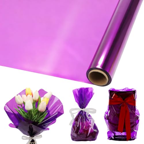 Rollo de Papel Celofán Violeta Transparente 40cm x 30m Material Plástico No Tóxico e Inodoro Celofán de Corte Recortable para Envolver Regalos Elegantes, Flores y Canastas, para Bodas y Decoración