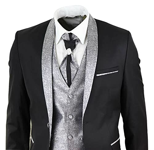 Men's Classic 4 Piece Wedding Groom Shawl Collar Black Cravat 2 Button Fastening Suit Tailored Fit3