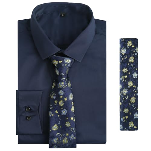 Image of Alizeal Mens 3 Pcs Long Sleeve Shirts Set | Pocket Square Necktie Perfect for Weddings Business Daily Wear