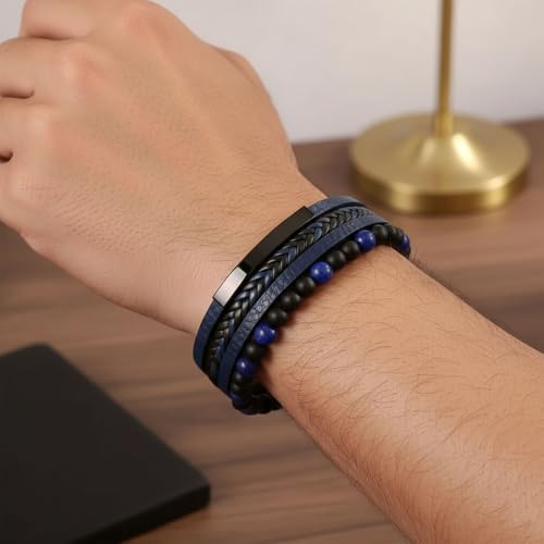 Image of Black Braided Leather Bracelet For Men