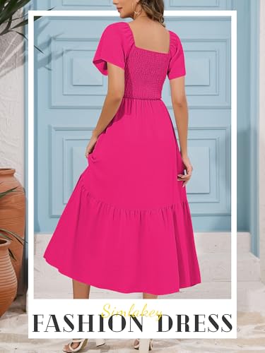 Image of Women's Summer Causal Dress Flowy Maxi Dress Square Neck Sleeve Tiered Smocked with Pockets(Hot Pink,Medium)